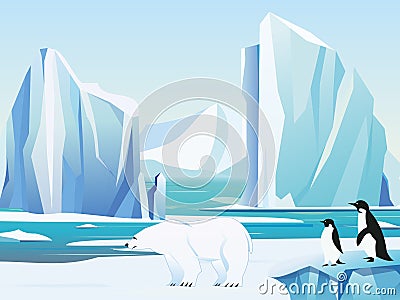 Vector illustration arctic landscape with polar bear and penguins, iceberg and mountains. Cold climate winter background Vector Illustration