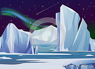 Vector illustration arctic night landscape with, iceberg and mountains. Cold climate winter background polar lights and Vector Illustration