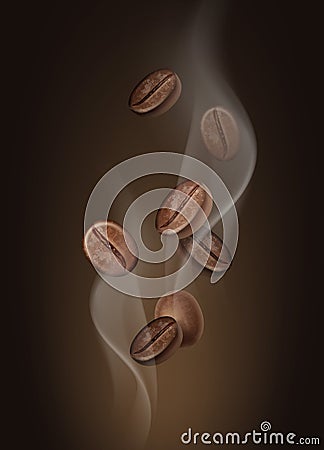 Vector illustration of aromatic coffee beans in hot steam close-up on background Vector Illustration