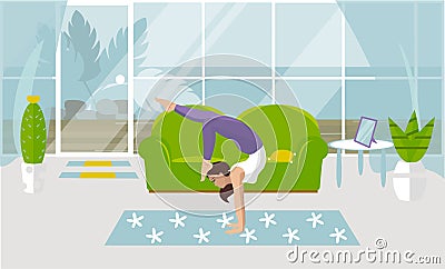 Vector illustration of an Asana at the handstand in yoga. Beautiful young woman doing strength exercises at home in a Vector Illustration