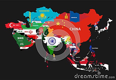 vector Asia continent map with countries mixed with their national flags Vector Illustration