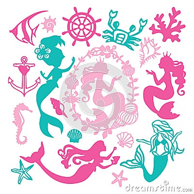 Paper Cut Silhouette Vintage Mermaid Nautical Set Vector Illustration