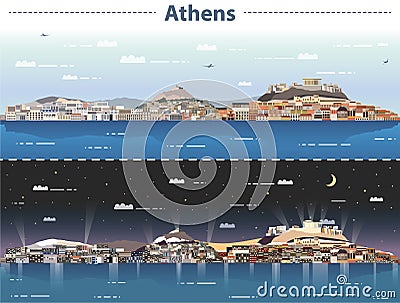 Vector illustration of Athens city skyline at day and night Vector Illustration