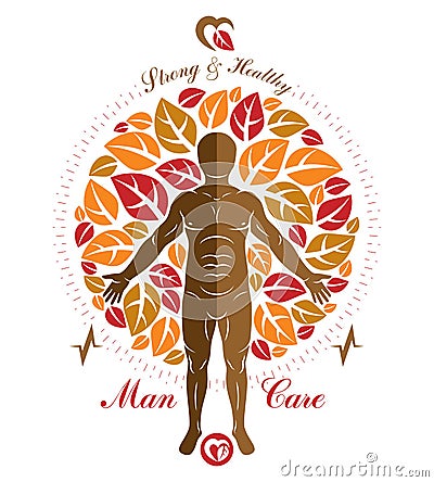 Vector illustration of athletic man created as a continuation of autumn tree. Human and nature harmony metaphor. Vector Illustration