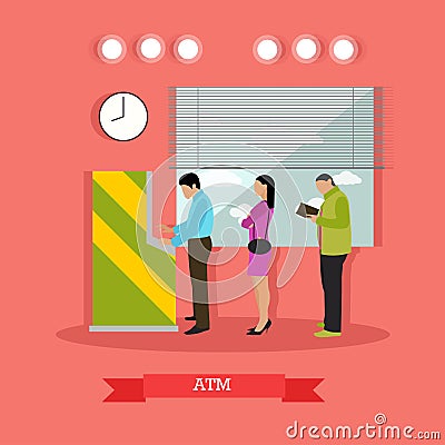 Vector illustration of ATM, people standing in queue for cash Vector Illustration