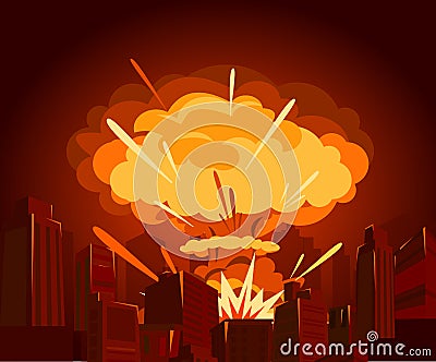 Vector illustration of atomic bomb in city. War and end of world concept in flat style. Dangers of nuclear energy. Vector Illustration