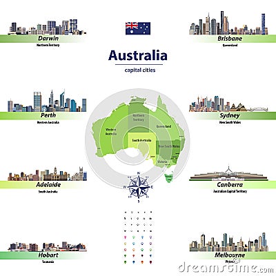 Vector illustration of Australia states map with skylines of capital cities Vector Illustration