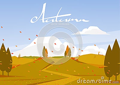 Autumn landscape with road, trees, hills. Vector Illustration