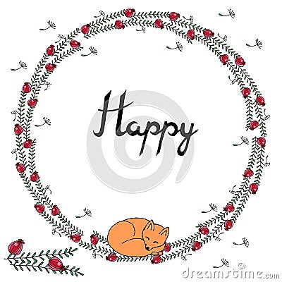 Vector illustration autumn round wreath made of green doodle lea Vector Illustration