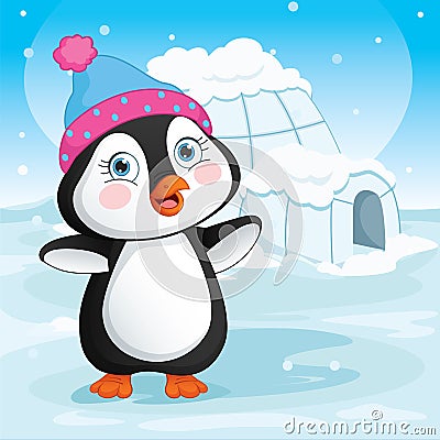 Vector Illustration Of Baby Penguin Standing Next To A Igloo Vector Illustration