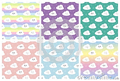 Set children seamless pattern with cute clouds, stars. vector illustration baby seamless pattern Cartoon Illustration