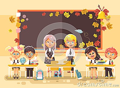 Vector illustration back to school cartoon characters schoolboy schoolgirl apprentices studying in classroom standing at Vector Illustration