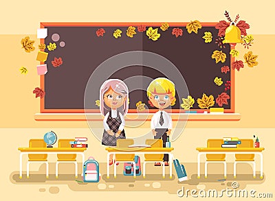 Vector illustration back to school cartoon two characters schoolboy and schoolgirl standing alone in empty classroom at Vector Illustration