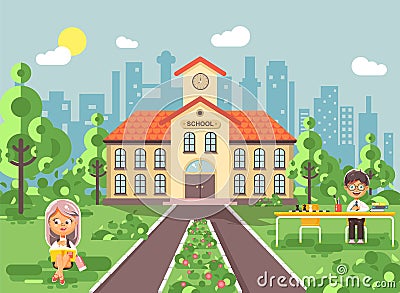 Vector illustration back to school character schoolgirl schoolboy pupil sitting on grass, exterior schoolyard, girl Vector Illustration