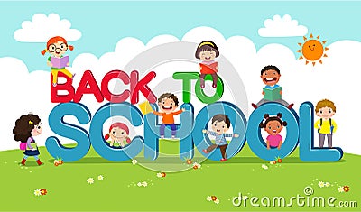 Back to school vector banner with school kids characters Vector Illustration