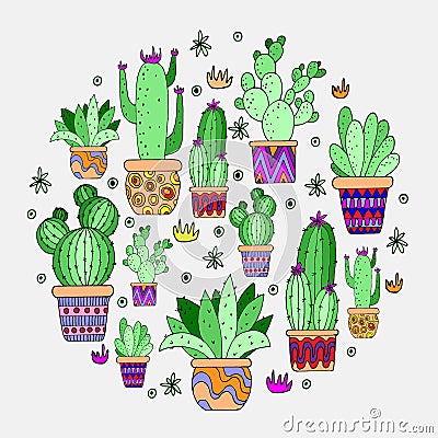1597 cactus, vector illustration, background in bright colors, cacti in pots Vector Illustration