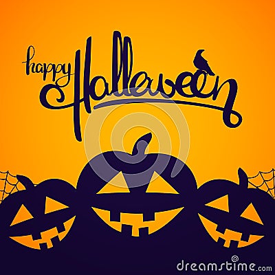 Vector illustration: Background with Handwritten lettering of Happy Halloween with raven and pumpkins Vector Illustration