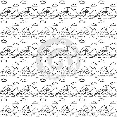 Vector illustration background seamless image pattern contour landscape small yacht boat on the peak of the wave against the Cartoon Illustration