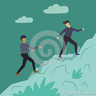 Vector illustration background of two men hiker helping each other on top of mountain. Teamwork hiking help each other trust Vector Illustration