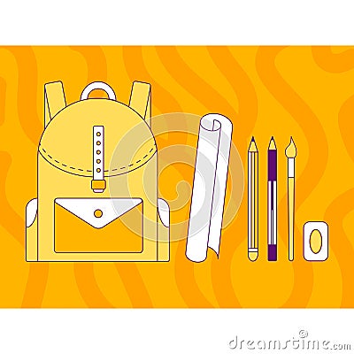 Vector illustration, backpack, pen, pencil, brush, eraser, line Vector Illustration