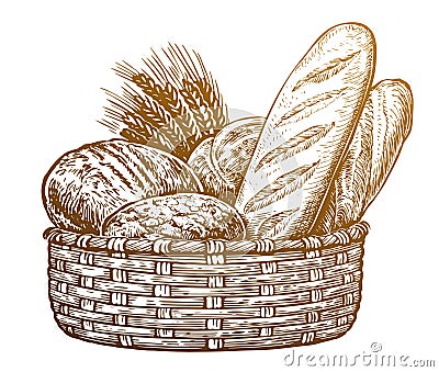 Basket with fresh baked bread and wheat. Vector illustration for bakery shop Vector Illustration