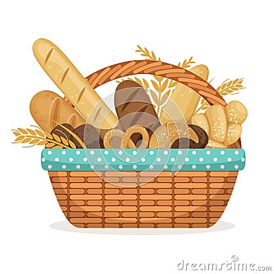 Vector illustration for bakery shop. Basket with wheat and fresh bread Vector Illustration