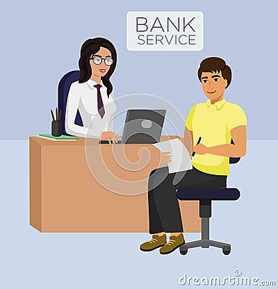 Vector illustration of Bank service female manager and client. Consultancy, ATM cash, business concept. Vector Illustration