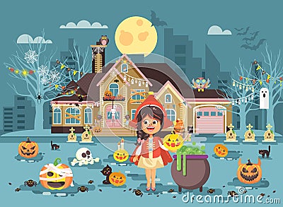 Vector illustration banner brochure cartoon character child Trick-or-Treat, girl costume fancy dresses Little Red Riding Vector Illustration