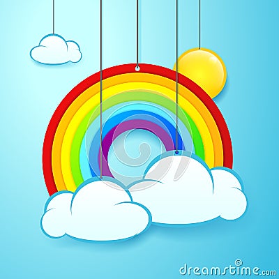 Vector illustration banner of hanging rainbow, sun and clouds Vector Illustration