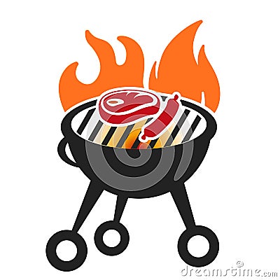 Barbecue icon with meat and fire. Simple and flat. Vector Illustration