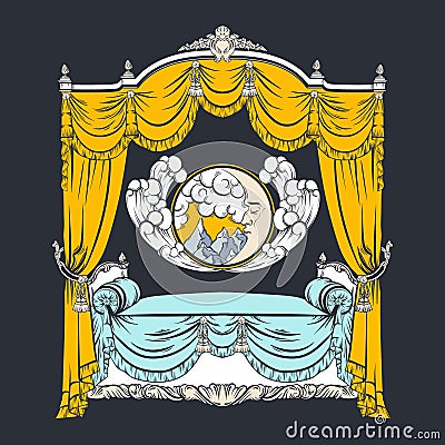 Vector illustration of baroque bed with baldachin and moon Vector Illustration