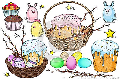 Vector illustration. Basket with cake and Easter eggs decorated with a willow branch. Vector Illustration