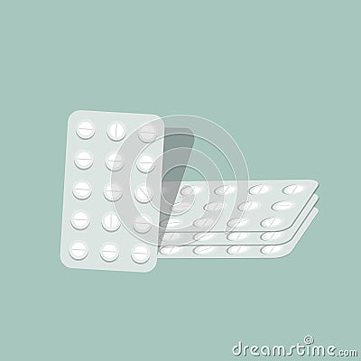 Vector illustration of batch of foil blister packs with medicine pills on turquoise blue background Vector Illustration