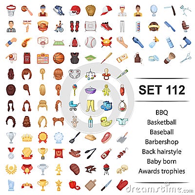 Vector illustration of BbQ, basketball, baseball, barbershop, back hairstyle baby born award trophies icon set. Vector Illustration