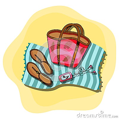 Vector illustration of beach blue towel laying on the sand with beach bag, mp3 player, women shoes on top of it. Summer Vector Illustration