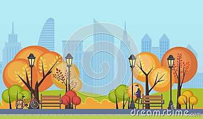 Vector illustration of a beautiful autumn public city park with city skyscrapers buildings on background. Vector Illustration