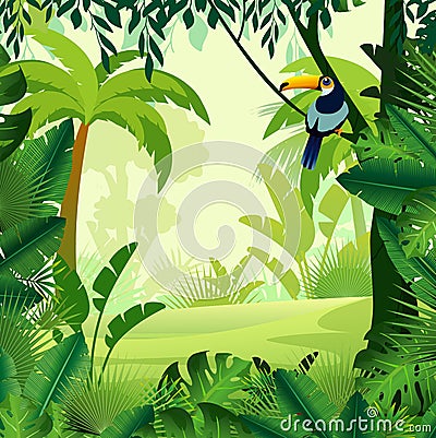 Vector illustration of beautiful background morning jungle. Bright jungle with ferns and flowers. For design game Vector Illustration