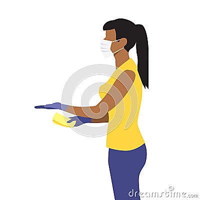 Vector illustration of beautiful black woman in medical protective mask hold out hand with money and receive the delivery package Vector Illustration