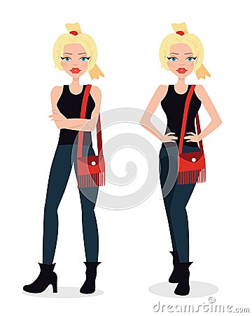 Vector illustration of a beautiful blonde girl in flared jeans, punk, fashion girl, in casual outfit. Flat style. Vector Illustration