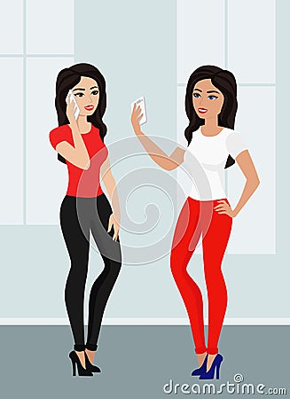 Vector illustration beautiful cartoon girls making a phone call and taking selfie in flat style. Vector Illustration