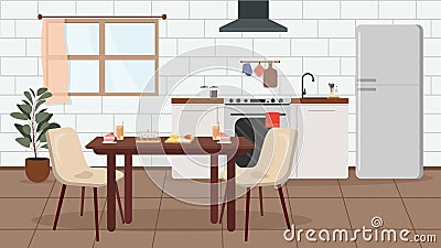 Vector illustration of beautiful cuisine. Cartoon interior with sink, dishes, towels, kitchen utensils hanging nearby Vector Illustration