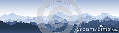 Vector illustration of beautiful dark blue mountain landscape with fog and forest. sunrise and sunset in mountains. Vector Illustration