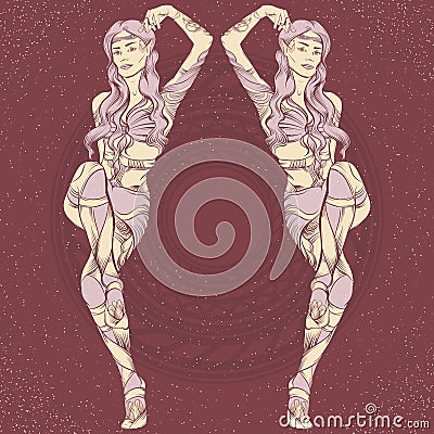 Vector illustration of beautiful elf with ram and human skull wings and flowers Vector Illustration