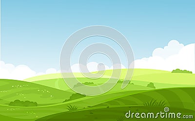 Vector illustration of beautiful fields landscape with a dawn, green hills, bright color blue sky, background in flat Vector Illustration