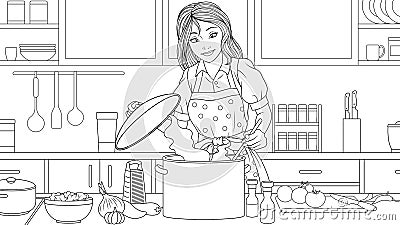 Vector illustration, beautiful girl prepares lunch for the family in the kitchen Vector Illustration