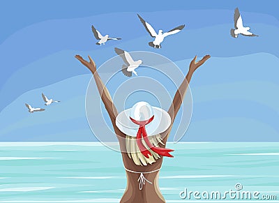 Beautiful girl in swimsuit enjoying summer time and looking at the sea Vector Illustration