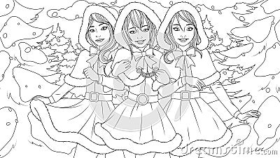 Vector illustration, beautiful girls-friends in Christmas dresses posing in nature Vector Illustration