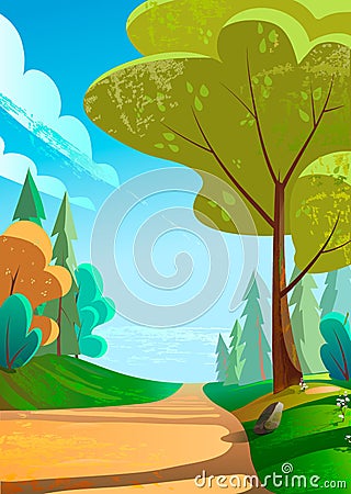 Vector illustration of a beautiful green landscape with road to mountains Vector Illustration