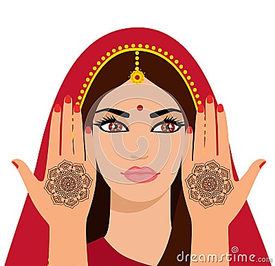 Vector illustration of a beautiful Indian woman with long hair. Element yoga mudra hands with mehendi patterns. Vector illustrati Vector Illustration