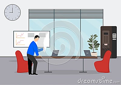 Vector illustration a beautiful interior office. Cartoon interior with girl, chart board, armchairs, table, coffee Vector Illustration